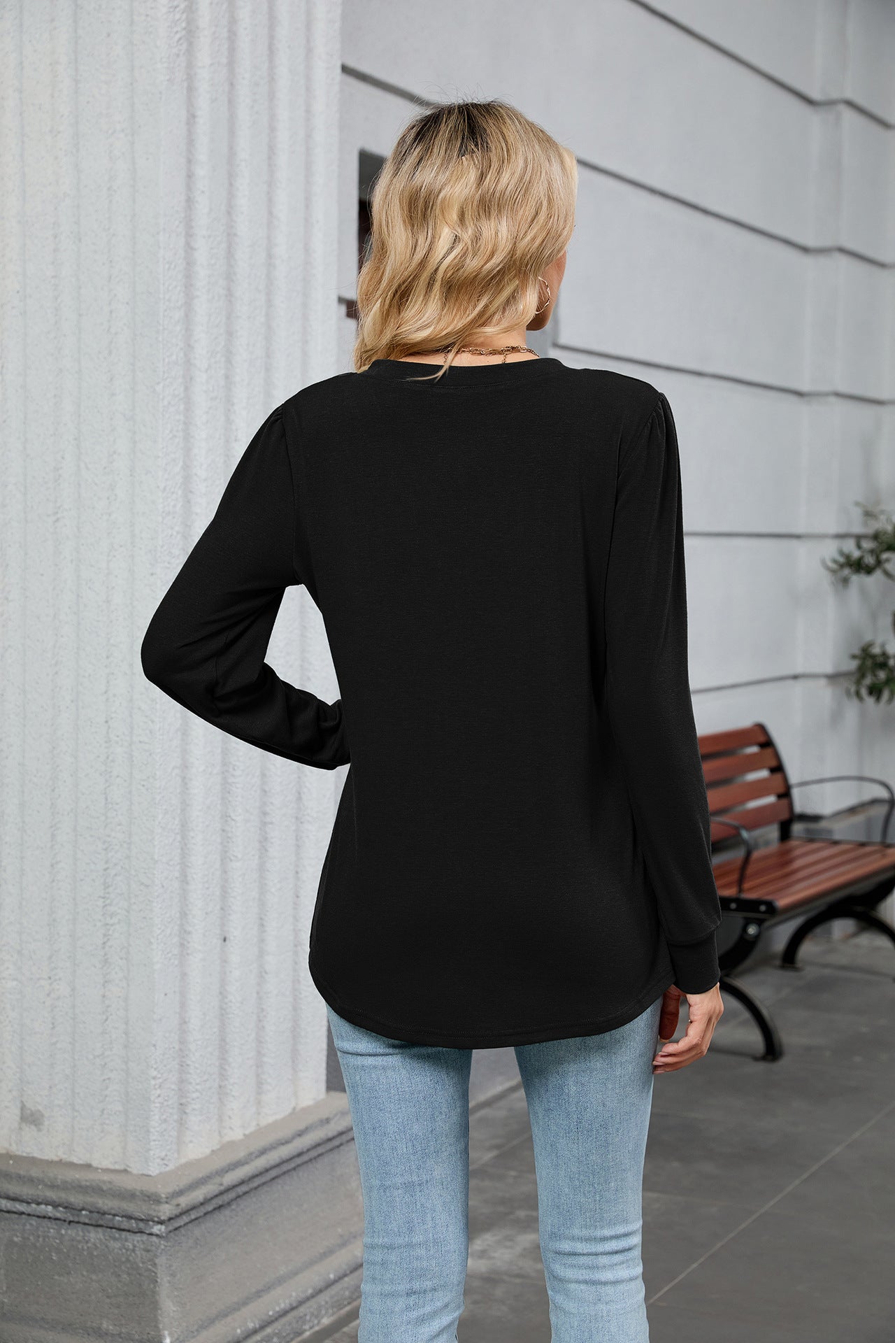 V-Neck Pleated Top – Soft Jersey Long Sleeve Tee