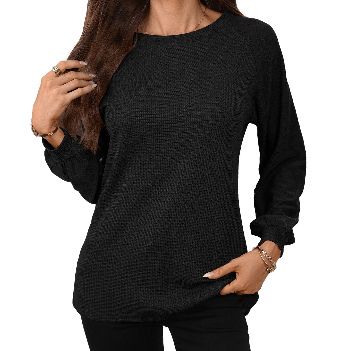 Solid Patchwork Long Sleeve Top Loose Fit Casual Blouse