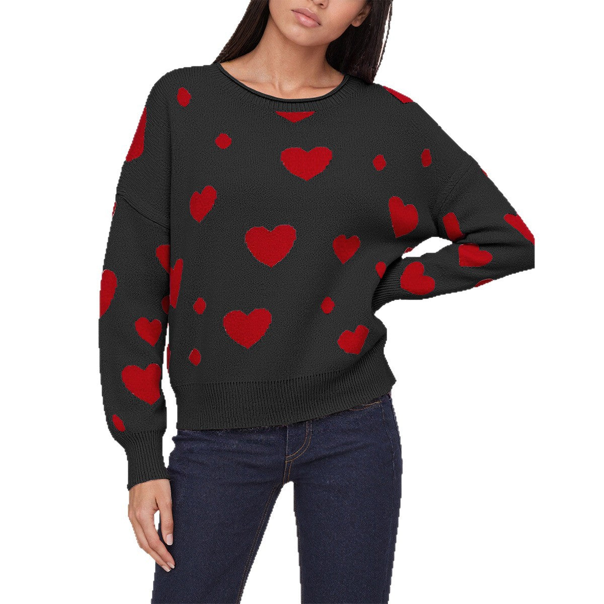 Women's Heart Print Oversized Crewneck Knit Sweater