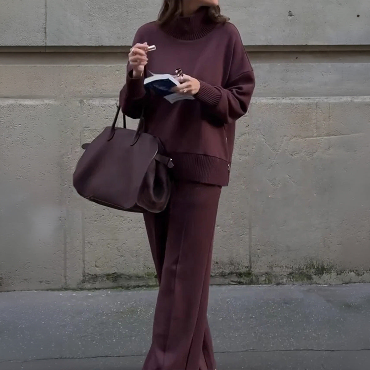 Women's Minimalist Turtleneck Wide Leg Pants Matching Set