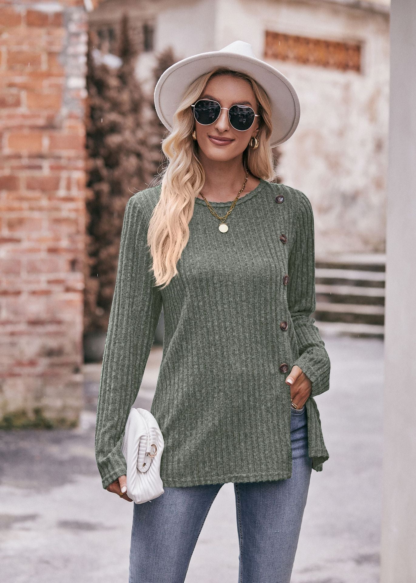 Women's Solid Color Crew Neck Slit Button