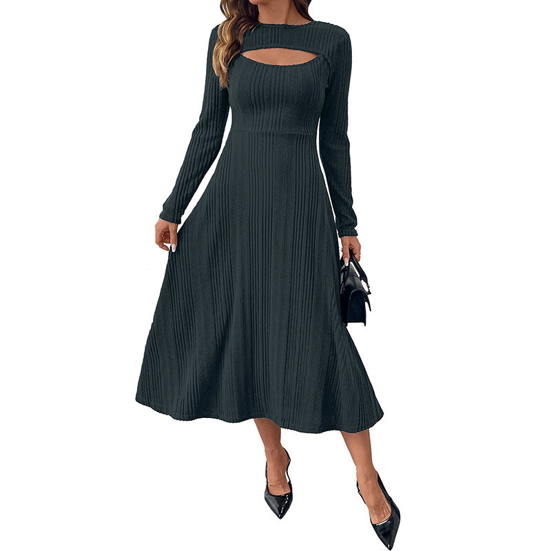 Elegant Solid Color Cutout Long Sleeve A-Line Midi Dress
