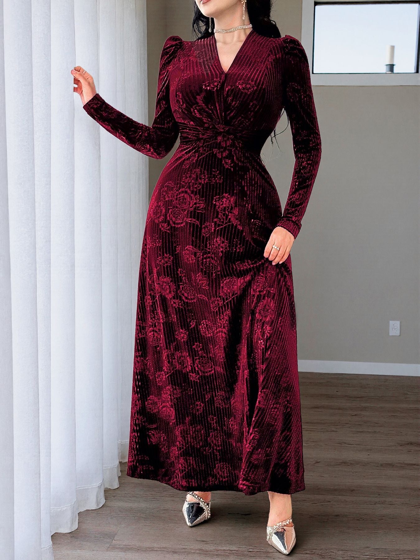 Plus Size Floral Velvet V Neck Maxi Dress