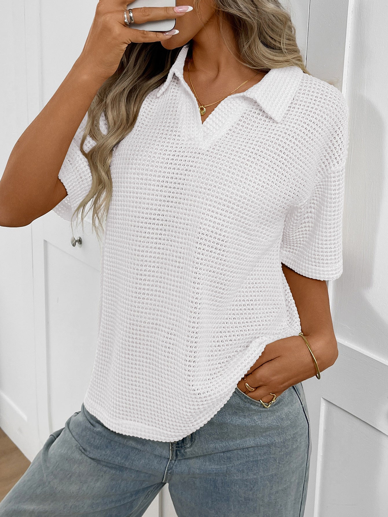 Striped Polo Collar Knit Short Sleeve Sweater Top