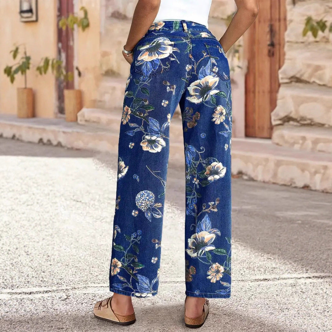 Floral Print Wide Leg High Waist Denim Jeans