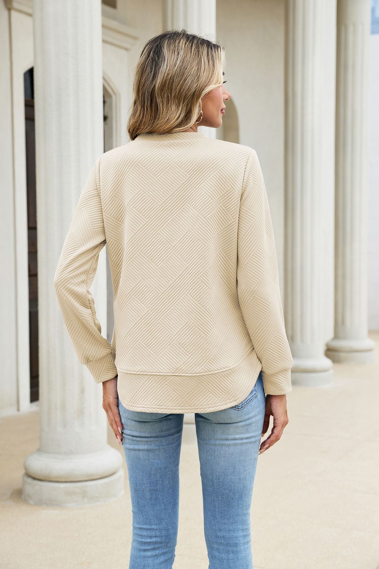Solid Textured Cotton Sweatshirt Relaxed Long Sleeve Top