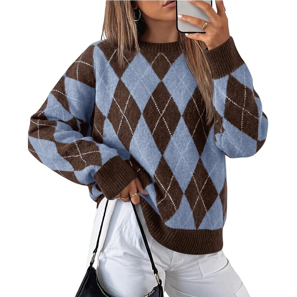 Women's Oversized Argyle Colorblock Crewneck Sweater