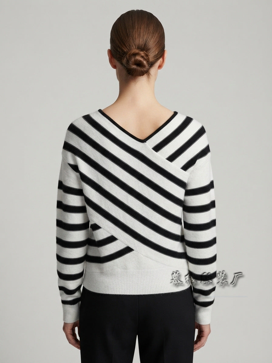Women Striped Off Shoulder Sweater Asymmetric Knit Top