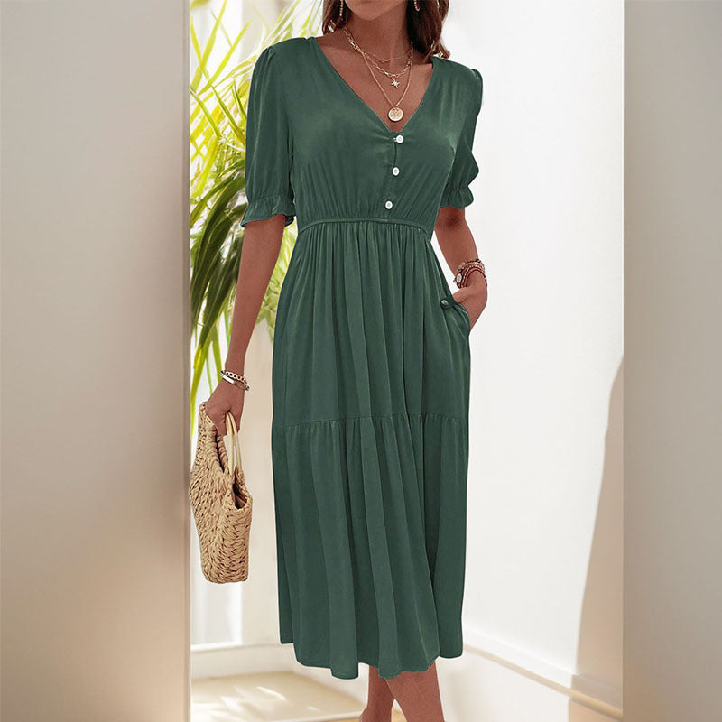 High Waist Solid Color Casual Midi Dress for Women