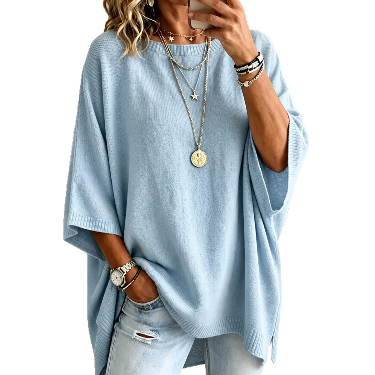 Oversized Light Blue Crewneck Knit Sweater Side Slit Top