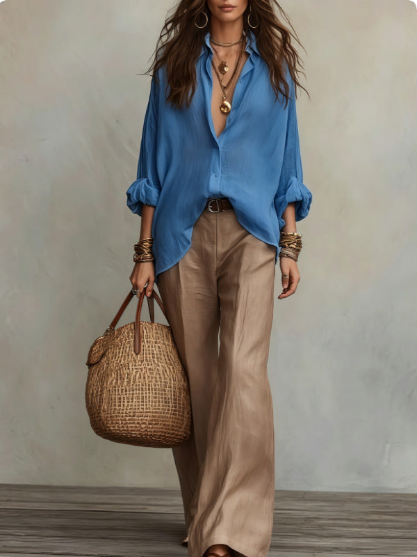 Women's Relaxed 2 Piece Button Down Wide Leg Pants Set