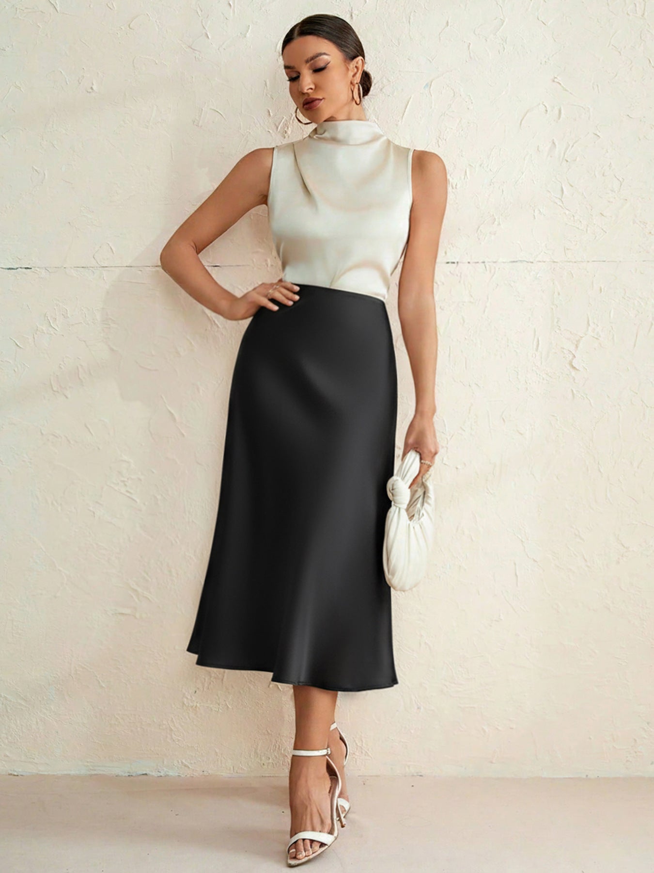 Black Satin High Waist Midi Skirt Fishtail