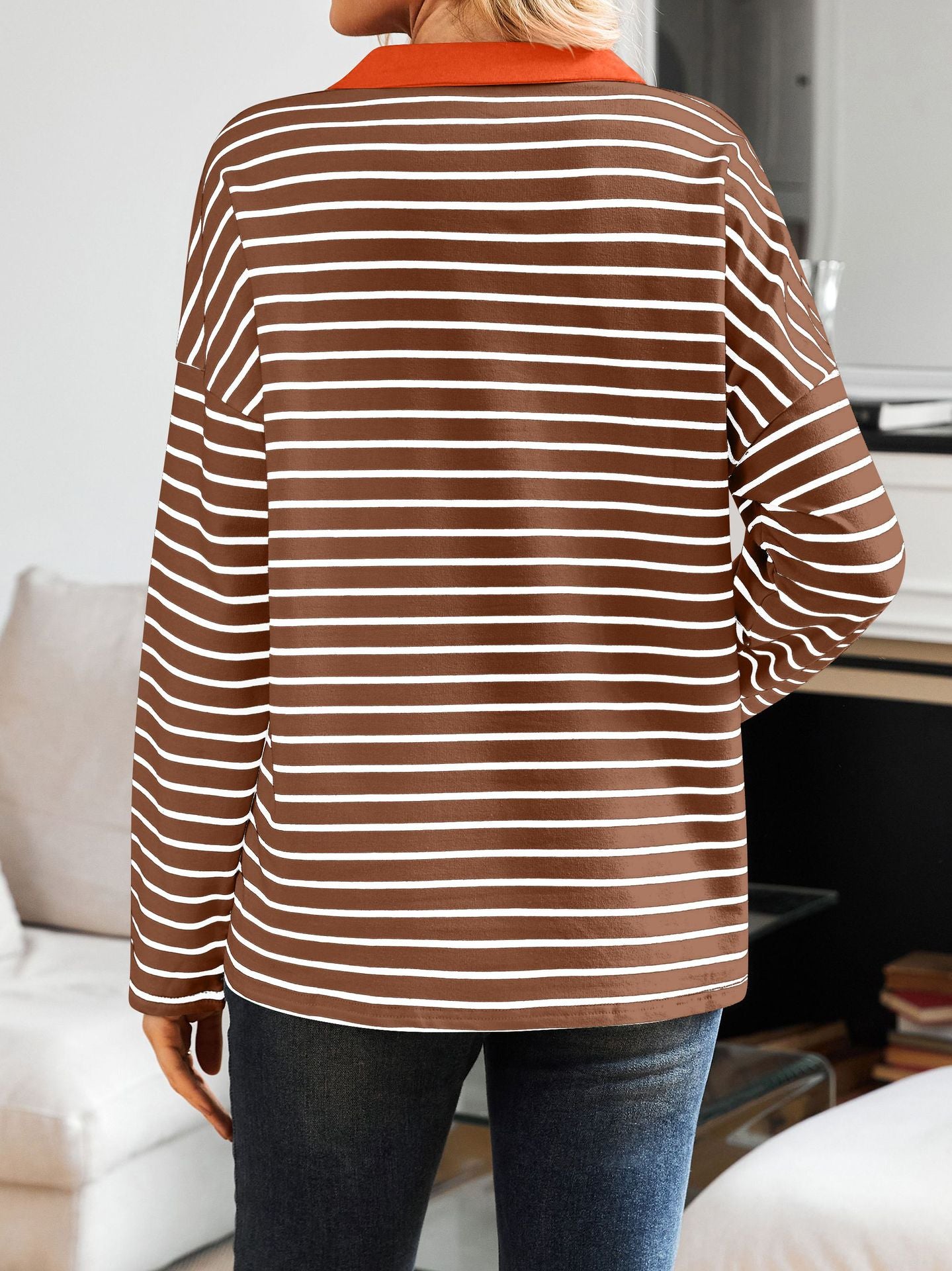Striped V-neck Loose Sweatshirt Lapel Sweater