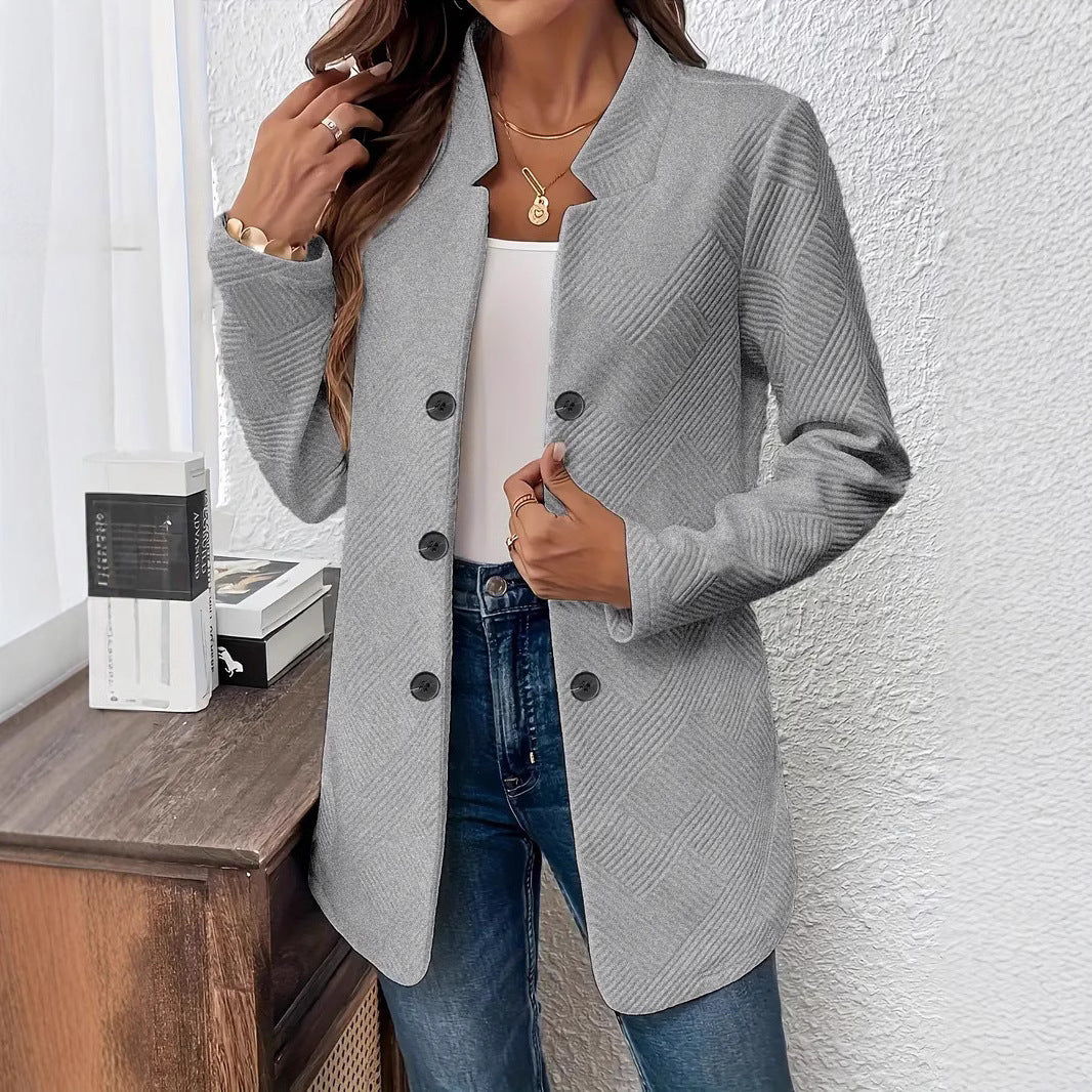 Womens Textured Double Breasted Blazer Stand Collar