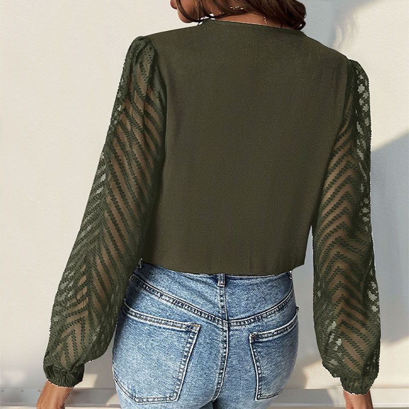 Elegant V Neck Lace Long Sleeve Bodysuit for Women