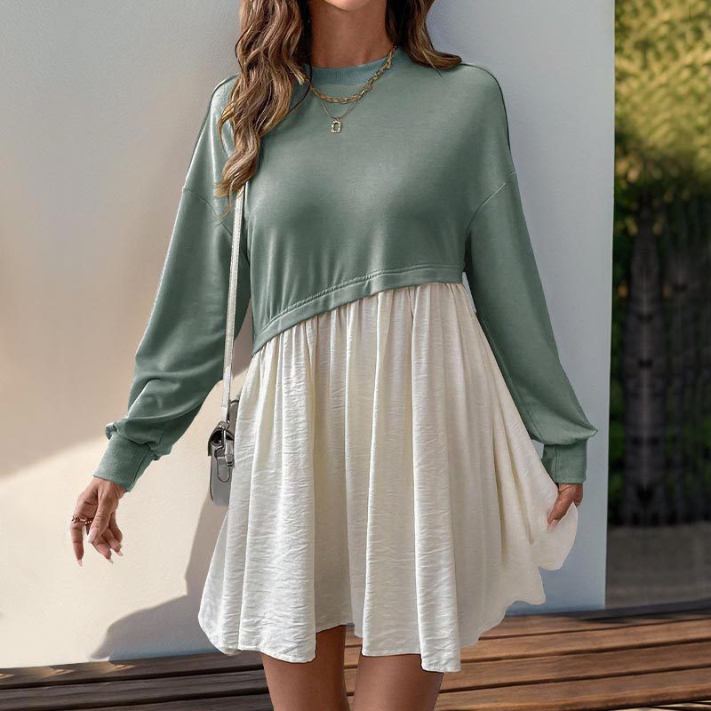 Color Block Long Sleeve Casual Loose Fit Mini Dress