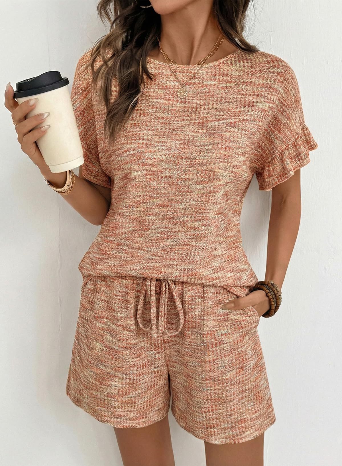 Textured Knit Lounge Set Ruffle Sleeve Drawstring Shorts