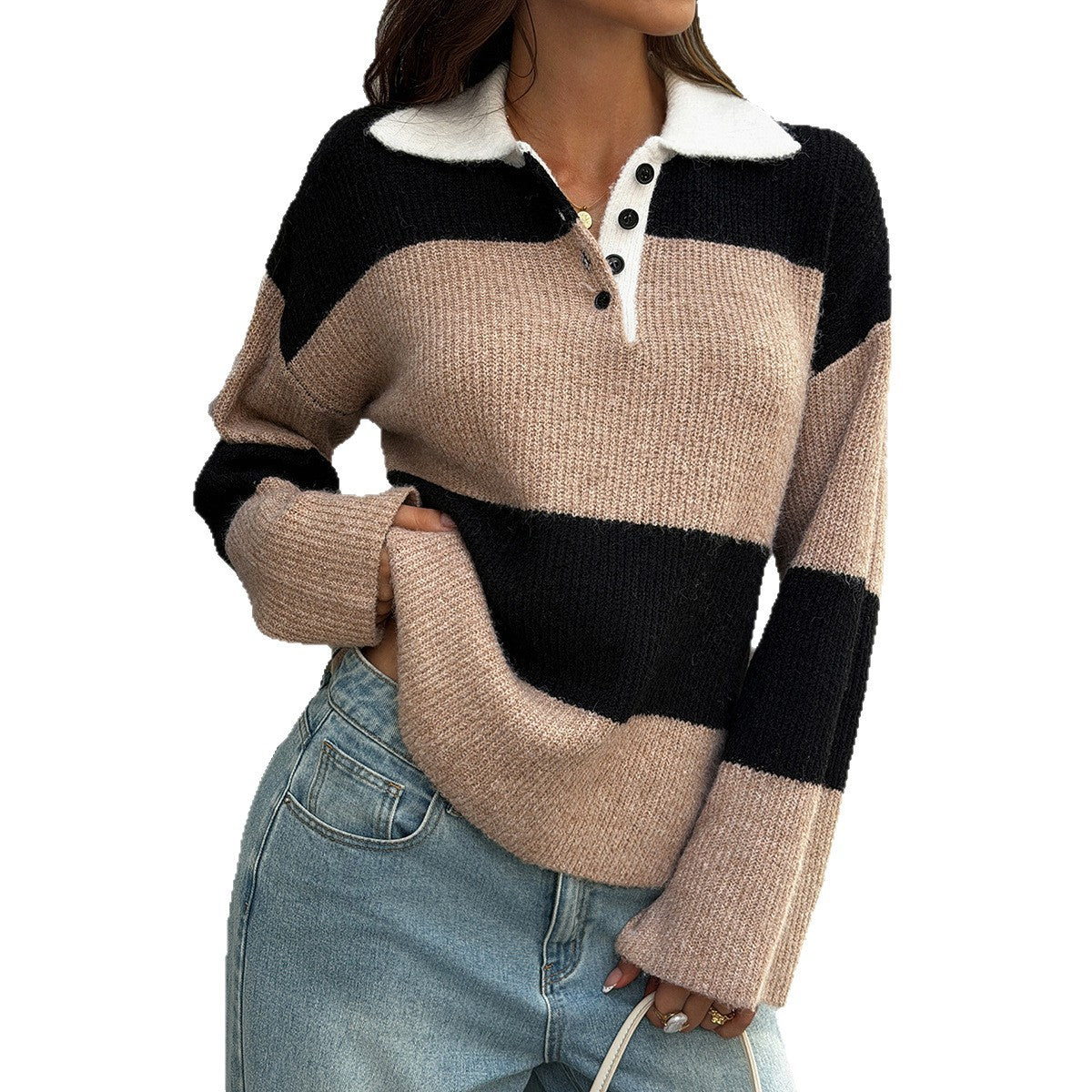 Women's Striped Polo Collar Knit Sweater Pullover