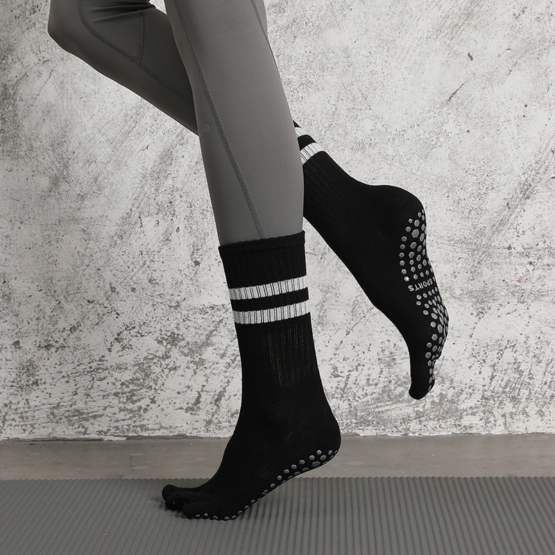 Women Mid Calf Pilates Toe Socks Non Slip Cotton Grip