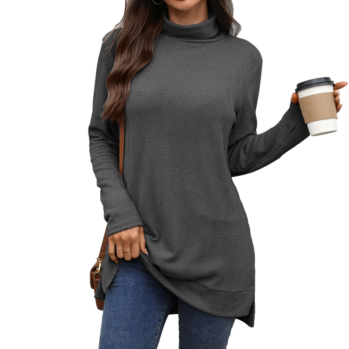 Oversized Turtleneck Long Sleeve Side Slit Tunic Top