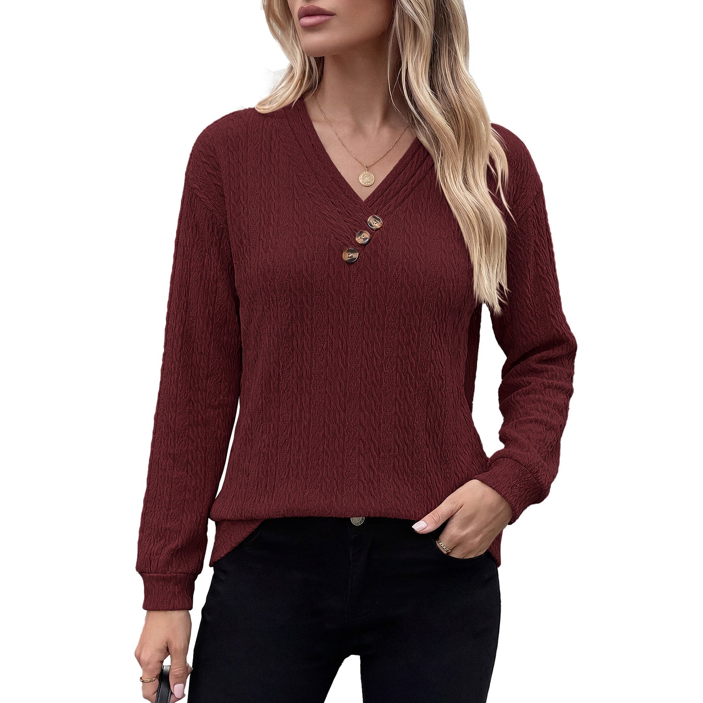 Womens Loose V Neck Button Long Sleeve Textured Top