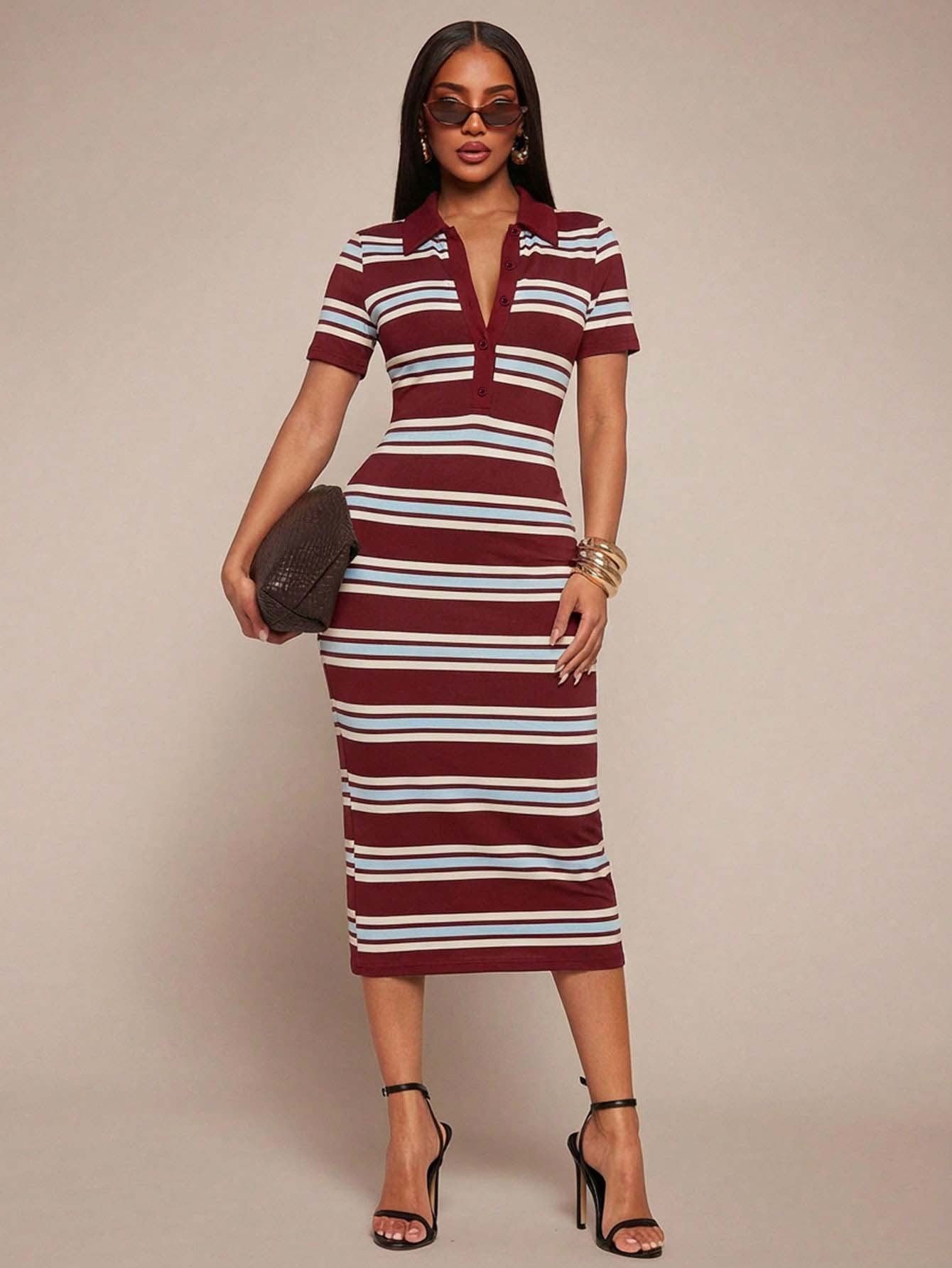 Striped Polo Collar Bodycon Midi Dress Short Sleeve Casual  Wear