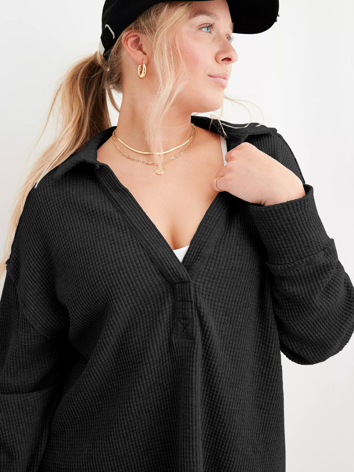 Oversized Waffle Knit Polo Collar Long Sleeve Sweater