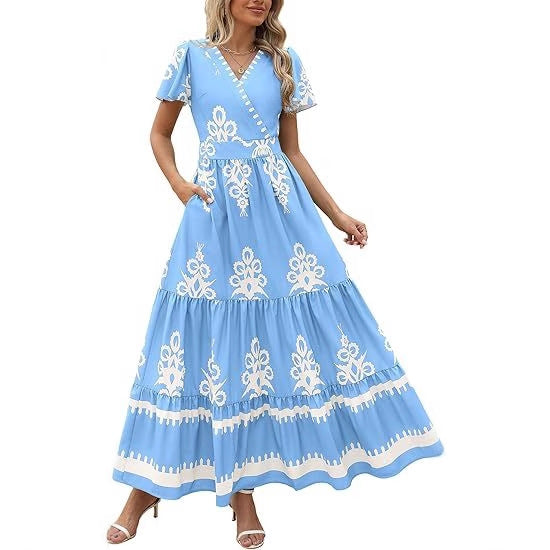 V Neck Floral Print Maxi Dress with Short Sleeves and Pockets