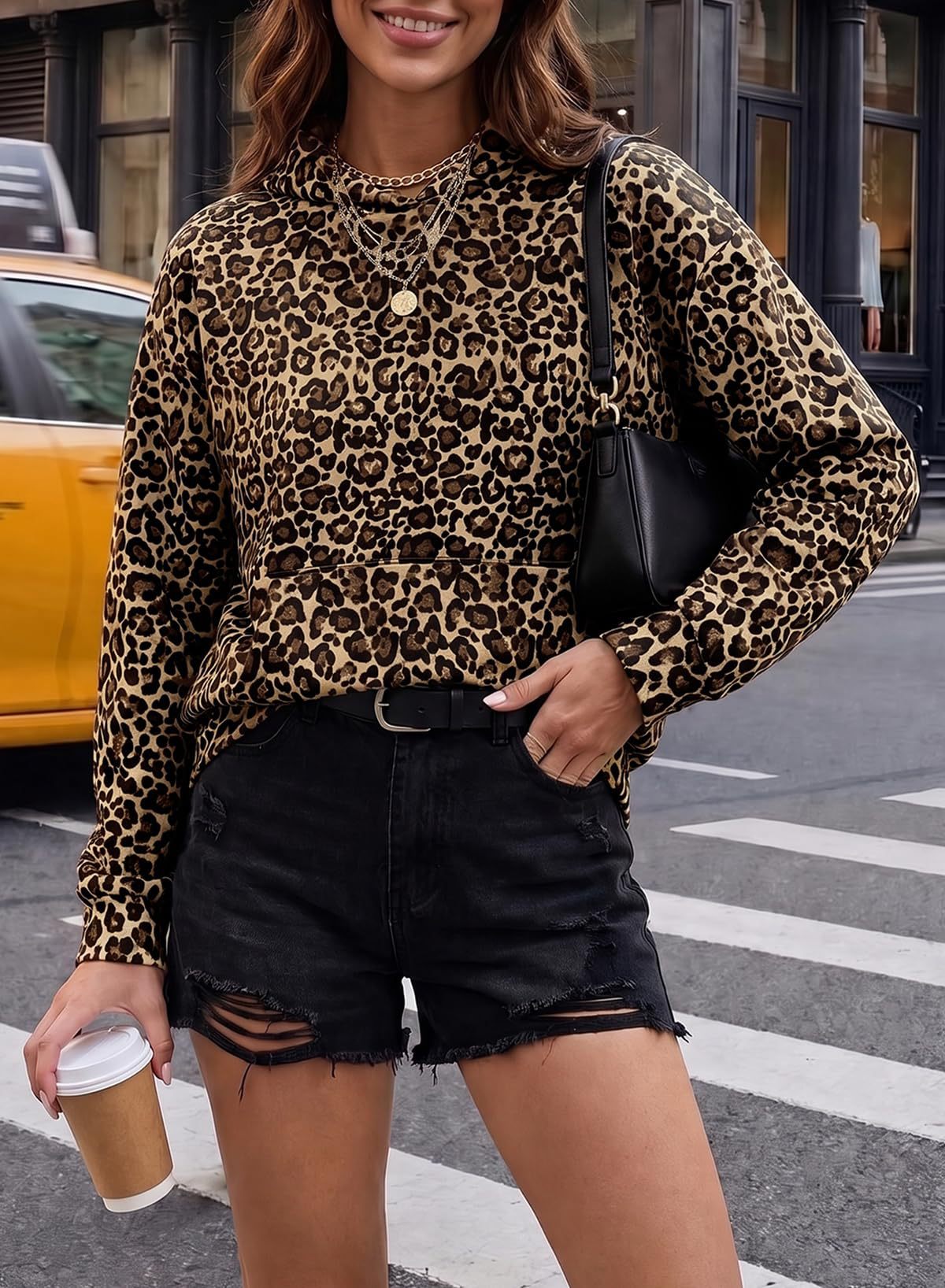 Leopard Print Hoodie Relaxed Fit Pullover
