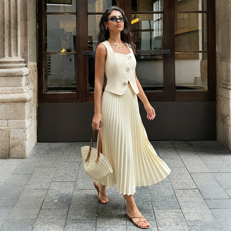 Solid Pleated Set Dress Casual Resort