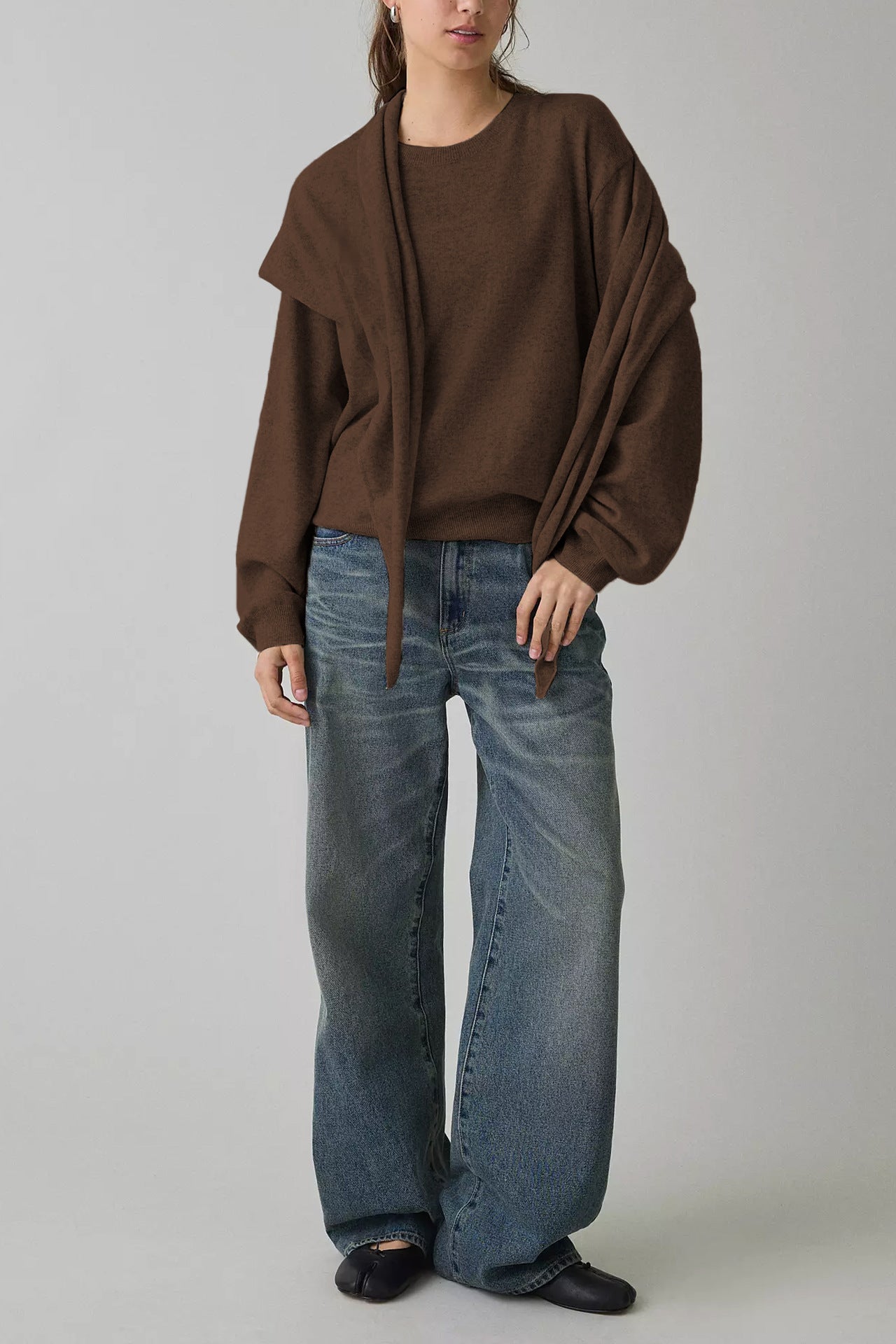 Striped Knit Sweater Shawl Detail Oversized Casual Pullover