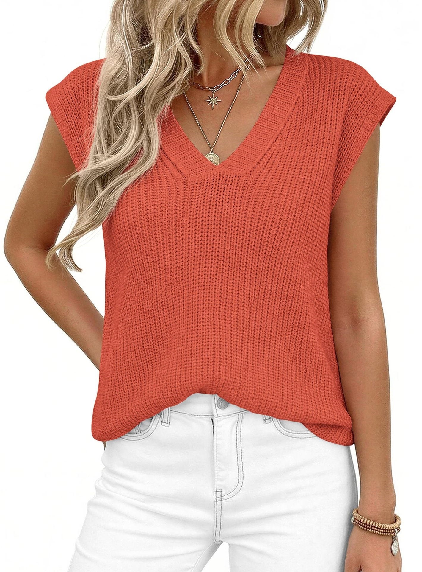 Women’s V Neck Sleeveless Knit Sweater Vest Loose Casual Summer Pullover Top