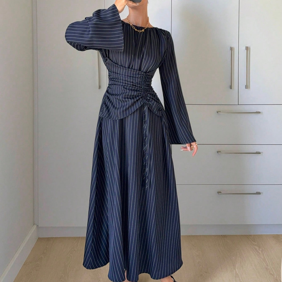 Women's Long Sleeve Tie Waist Ruched Midi Dress