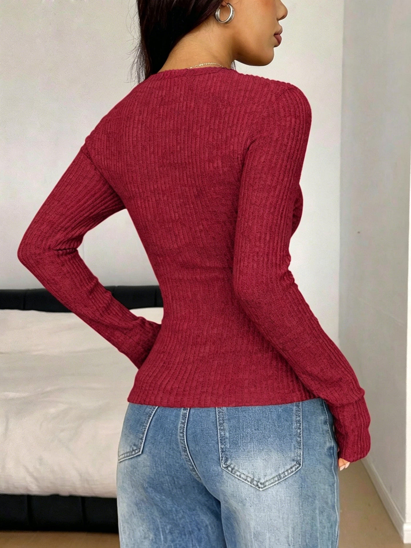 Y2K Lace Trim Ribbed V-Neck Button Front Long Sleeve Top