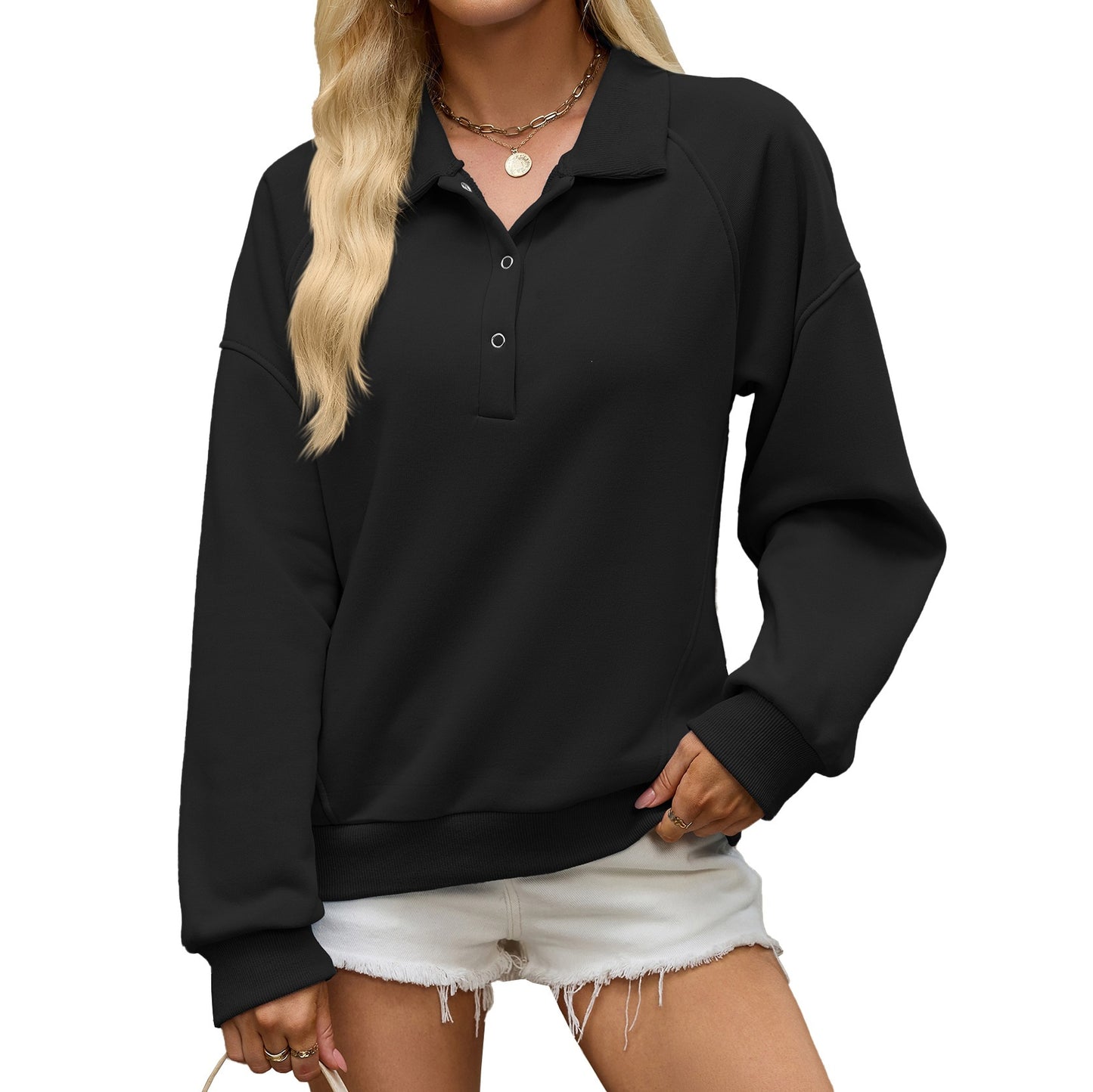 Half Snap Pullover Sweatshirt Collared Casual Top