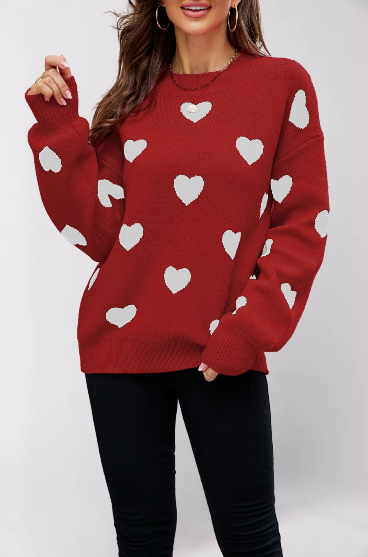 Women's Heart Print Crew Neck Oversized Pullover Sweater