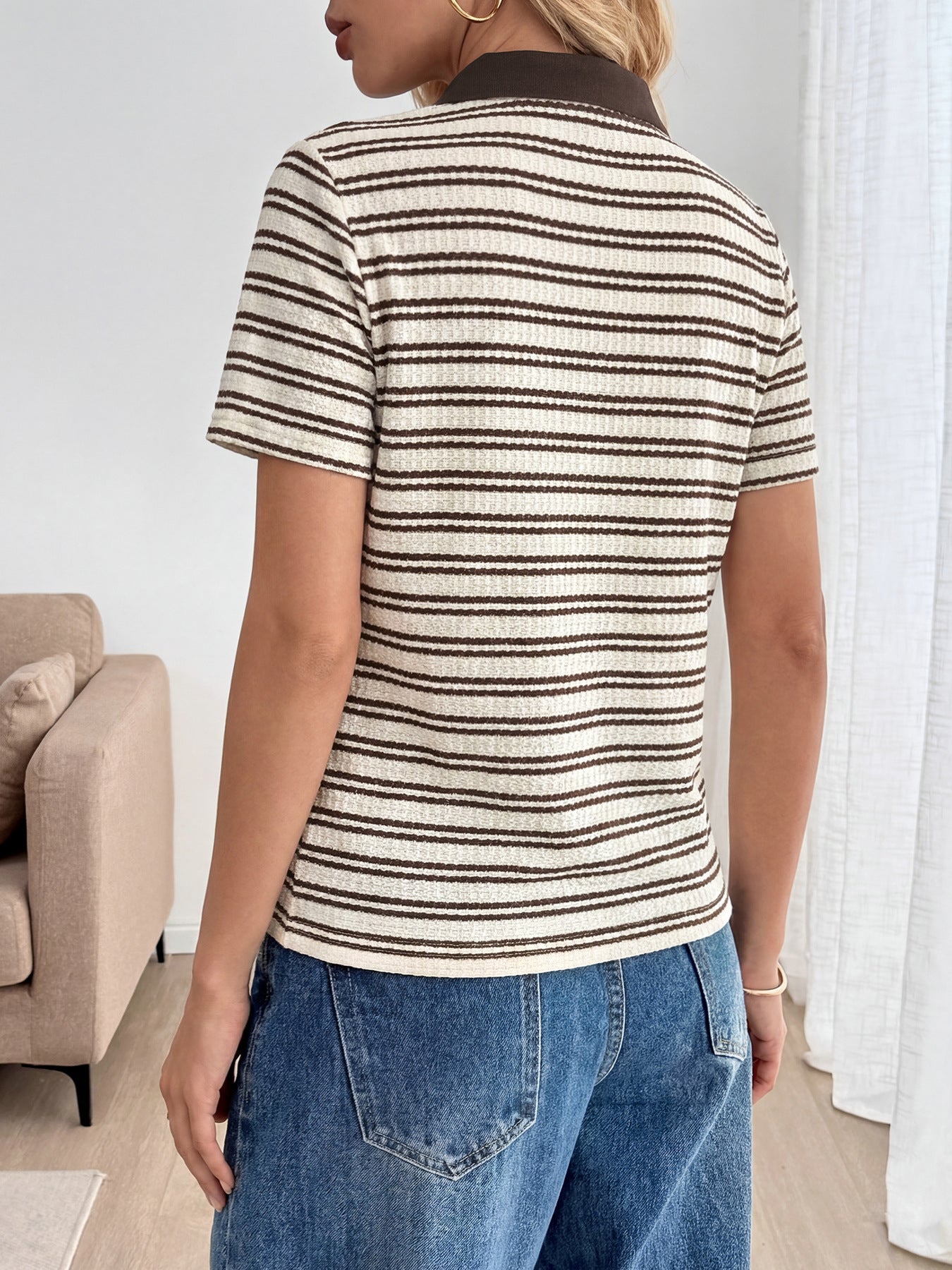 Striped Waffle Knit Top Polo V Neck Short Sleeve Casual