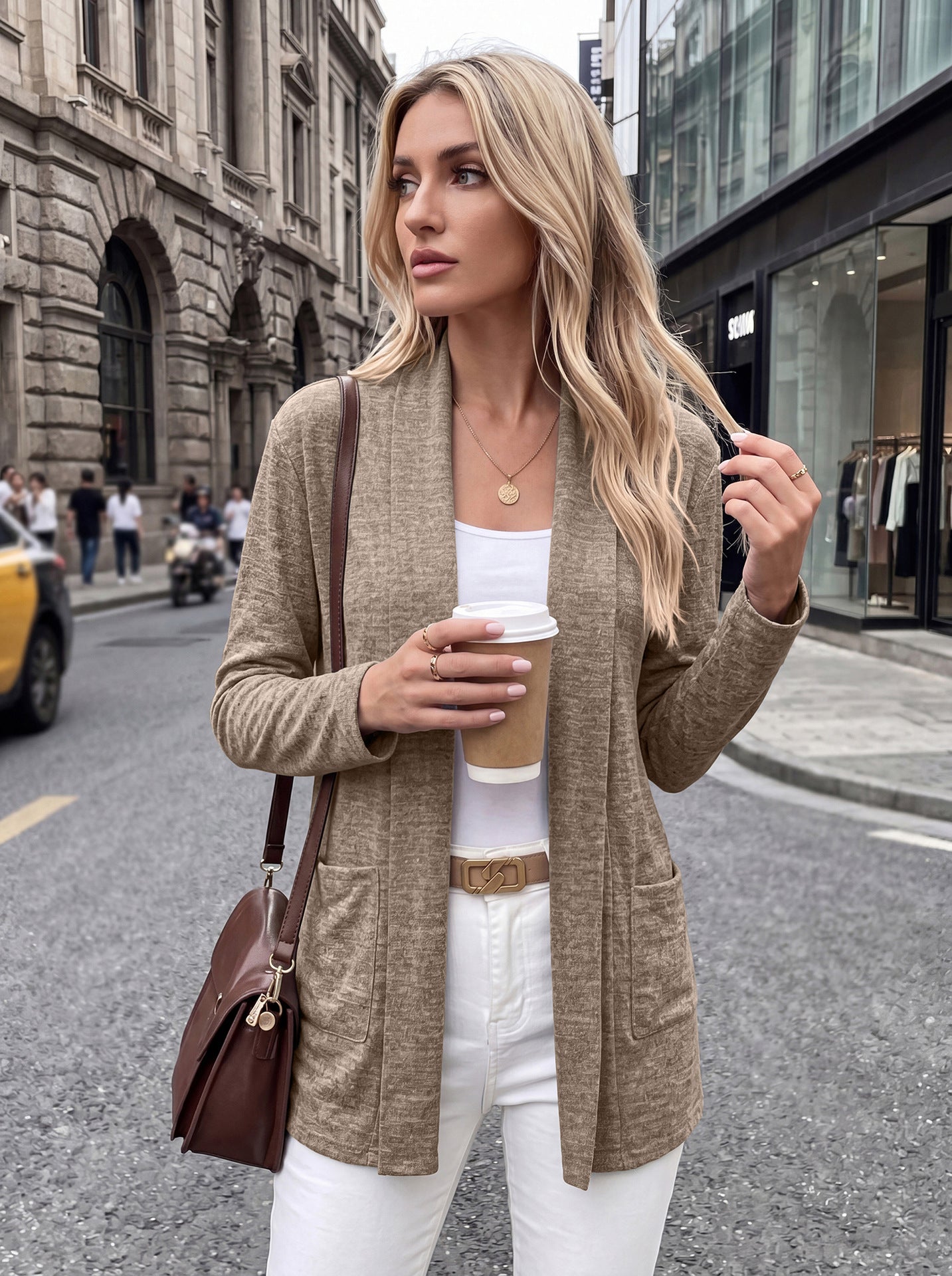 Open Front Pocket Long Sleeve Cardigan