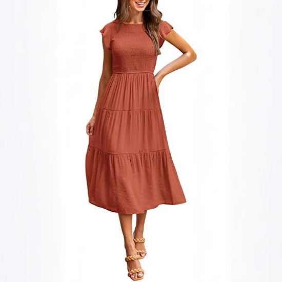 Smocked Waist Flutter Sleeve Tiered Midi Dress for Women