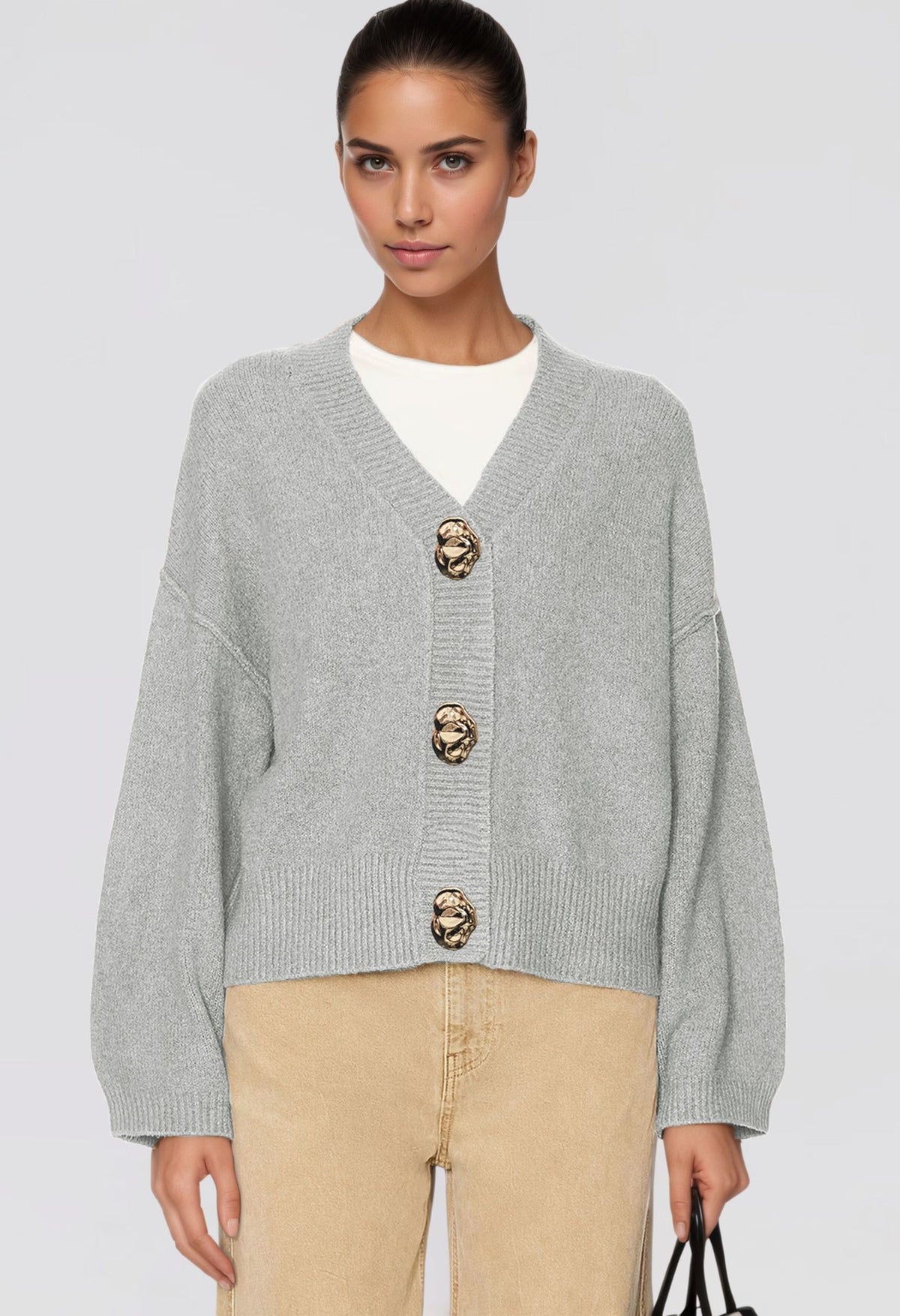 Womens Chunky V Neck Cardigan Statement Button Sweater