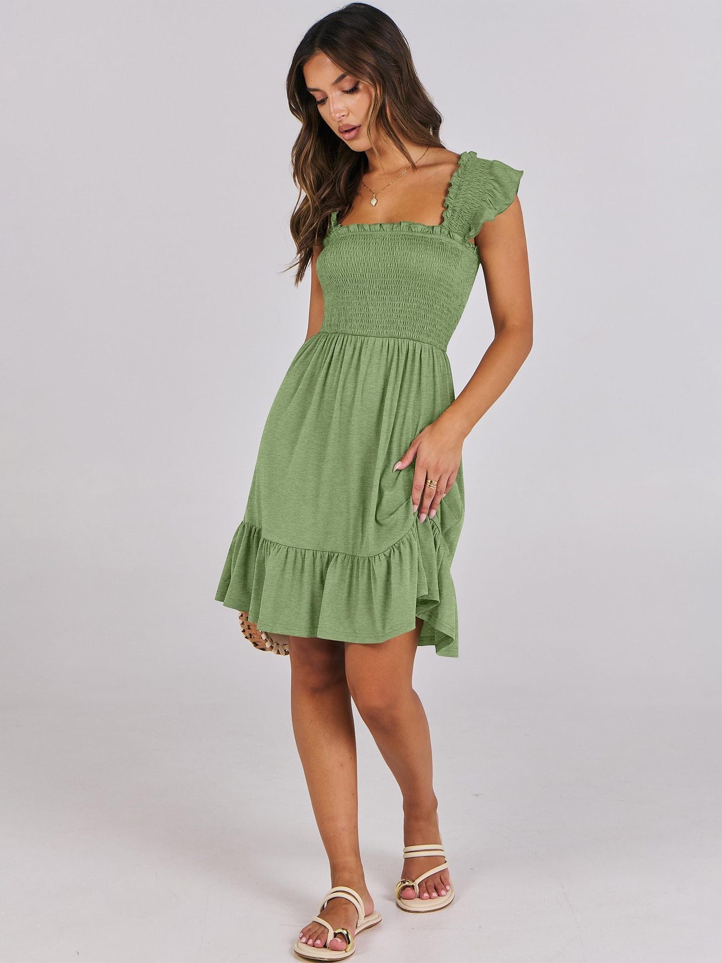 Women’s Smocked Square Neck Ruffle Sleeve Mini Dress Casual Summer Flowy A Line Dress