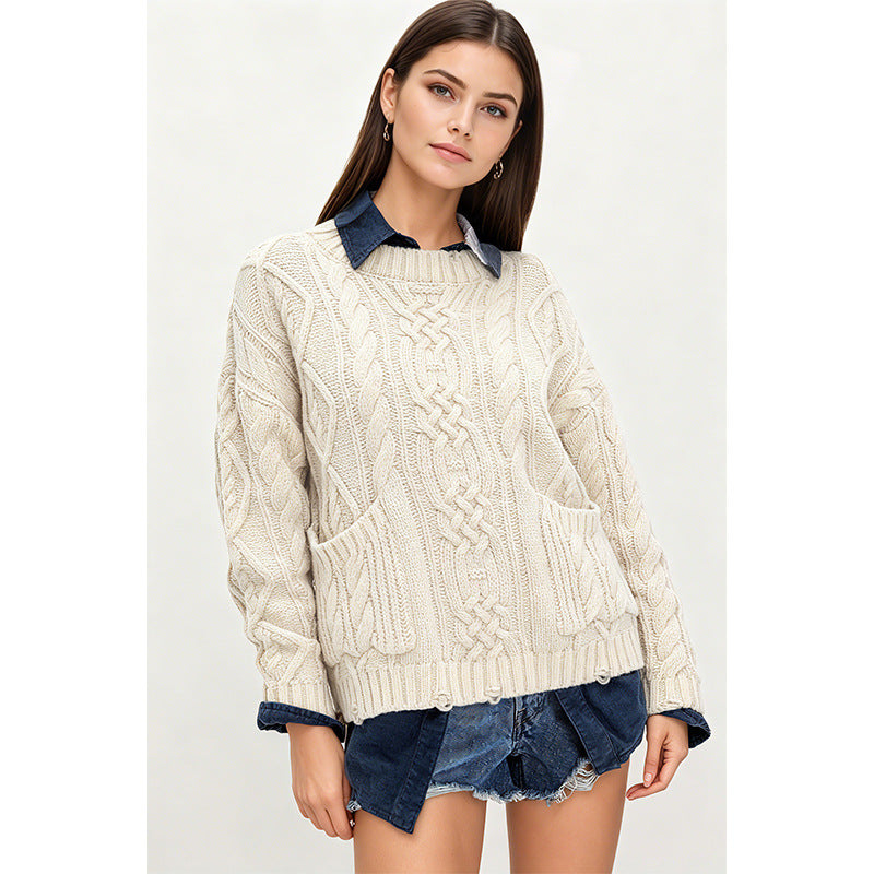 Women's Oversized Cable Knit Pullover Sweater with Pocket