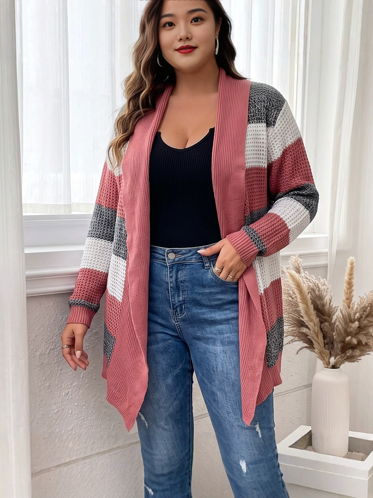 Plus Size Color Block Open Front Cardigan Sweater