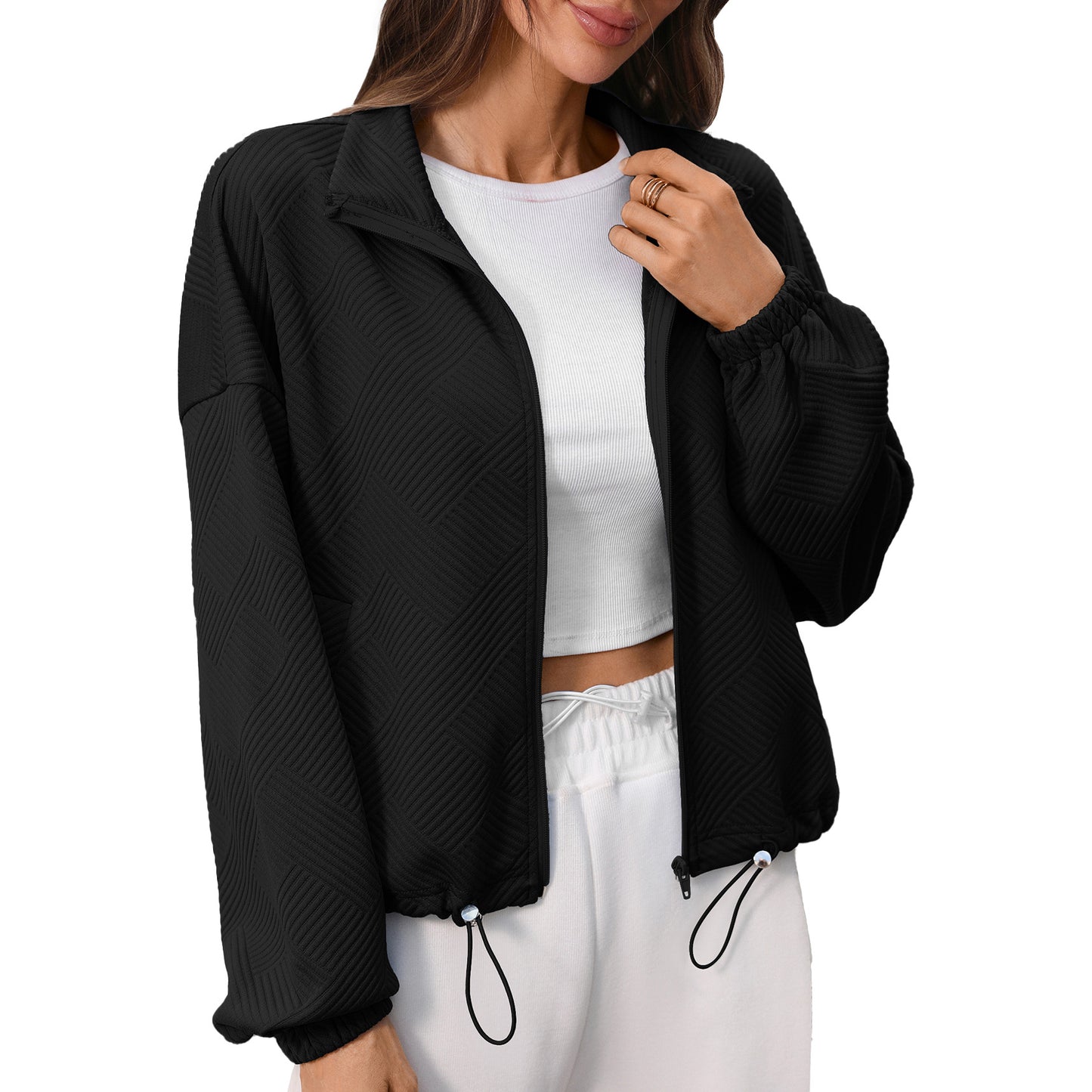 Solid Textured Corduroy Jacket Zip Front Casual Layering