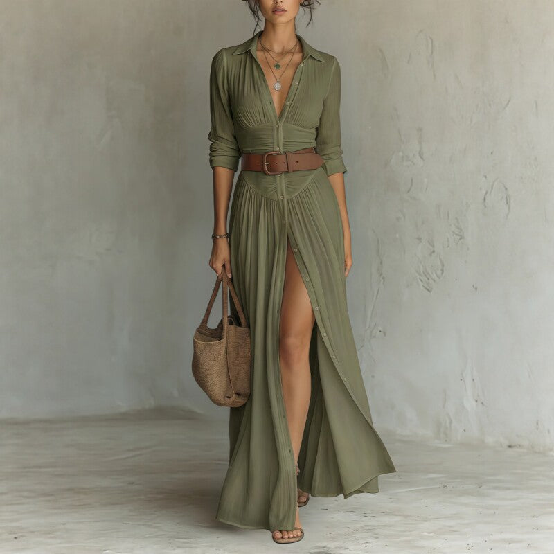 Belted V Neck Maxi Shirt Dress with Front Slit