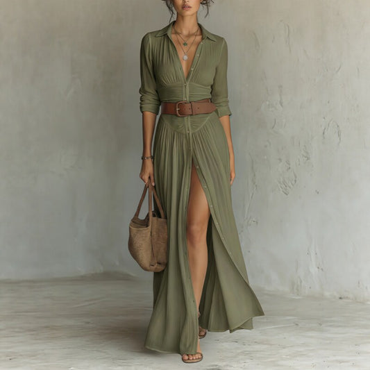 Belted V Neck Maxi Shirt Dress with Front Slit