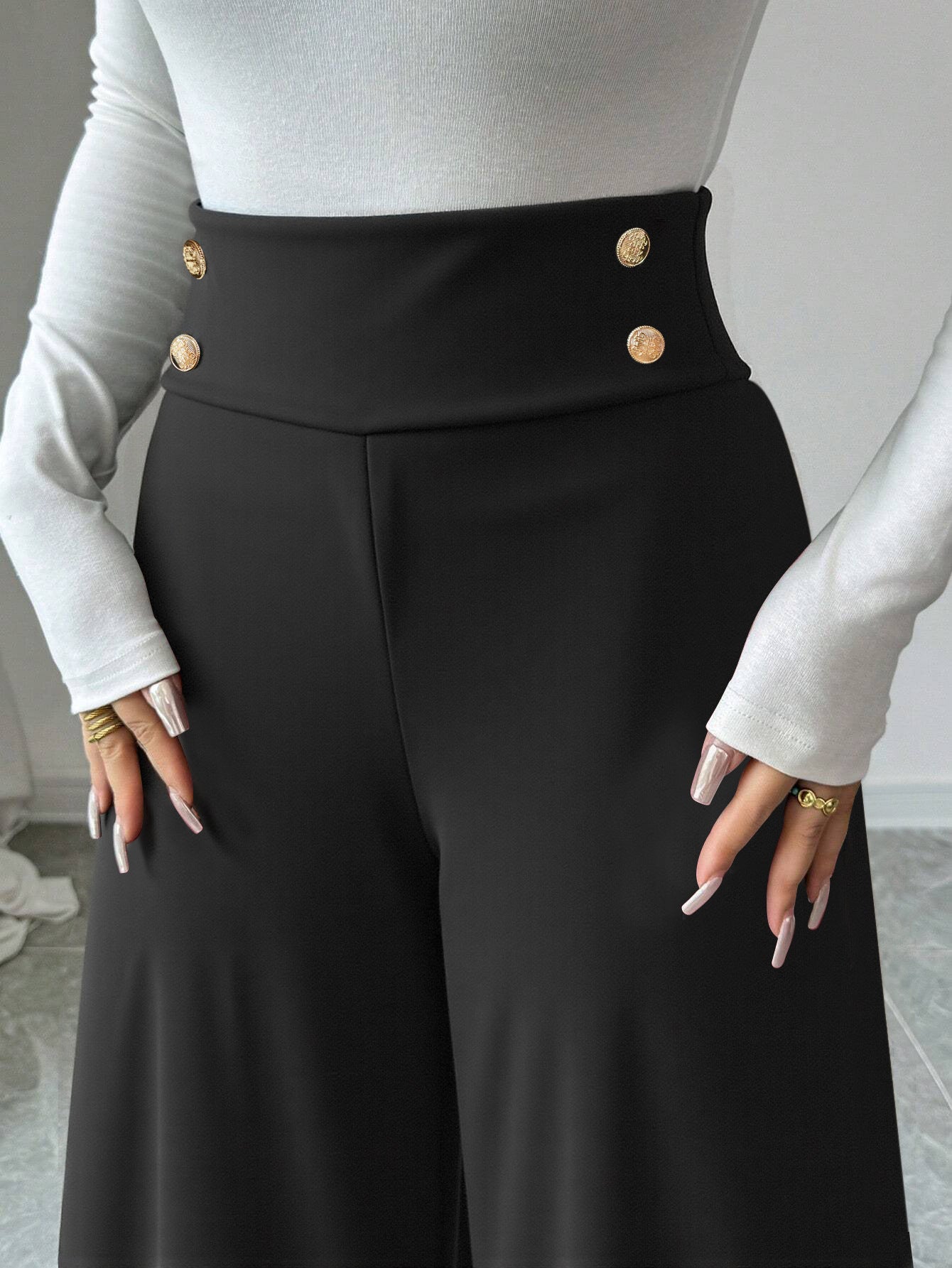 High Waist Button Detail Wide Leg Dress Pants