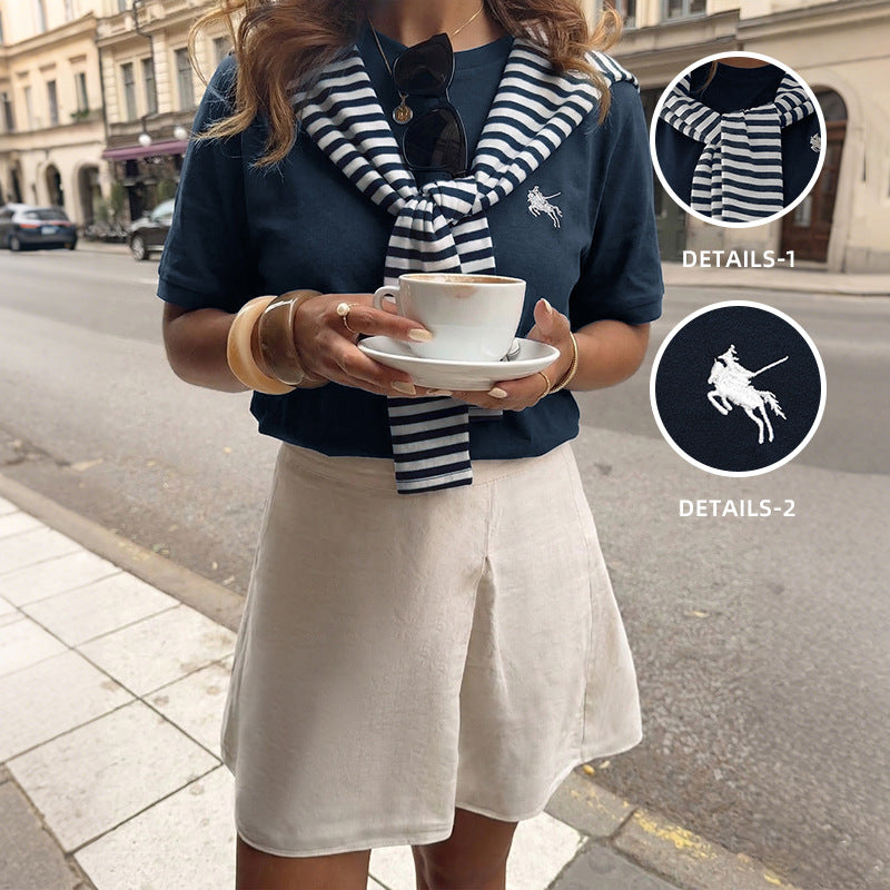 Women Stripe Patchwork Short Sleeve Casual T Shirt