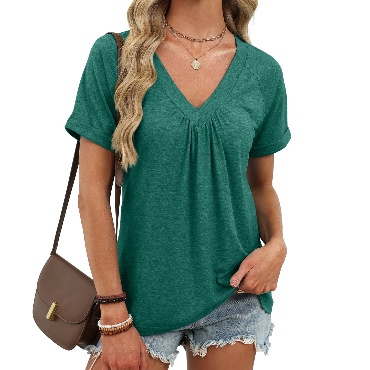 Women’s V Neck Pleated Short Sleeve Casual Blouse Top