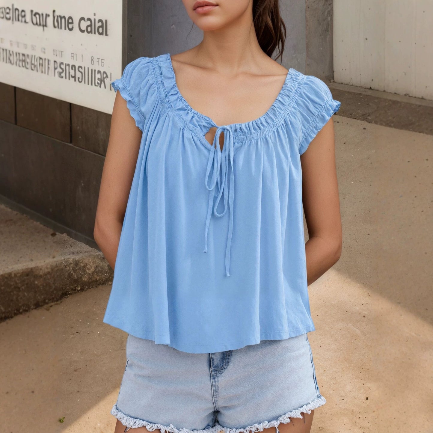 Solid Crinkle Blouse Casual Tie Neck Flutter Sleeve